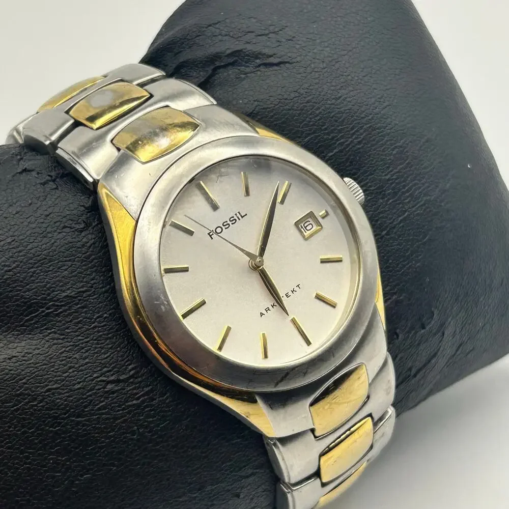 Fossil Arkitekt FS-2907 Silver Gold St. Steel Men’s Watch Working New Battery